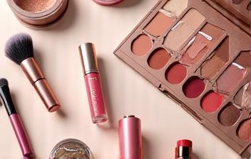 Assortment of high-quality makeup products including palettes, lipsticks, and brushes