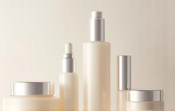 Skincare bottles and jars displayed elegantly, suggesting luxury and care